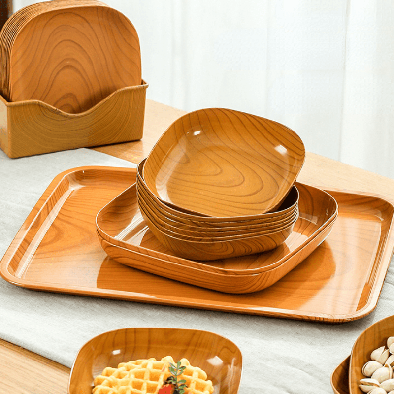 

4-piece Set Imitation Wood Grain Serving Plates - Perfect For Snacks, Dried Fruits, Candy & Desserts - Ideal For Outdoor Camping & Picnics