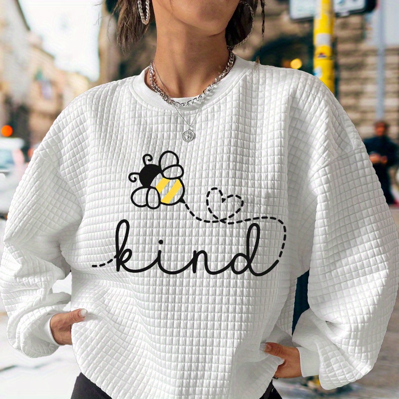 

Bee Print Waffle Sweatshirt, Casual Long Sleeve Crew Neck Sweatshirt, Women's Clothing