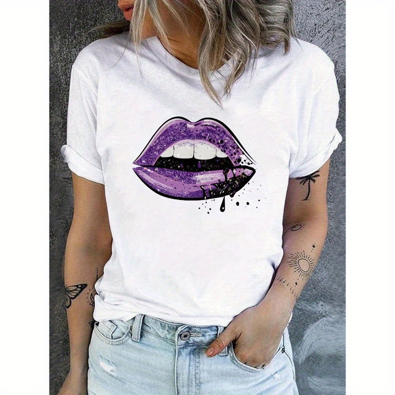 

Lip Print Crew Neck T-shirt, Casual Short Sleeve Top For Spring & Summer, Women's Clothing