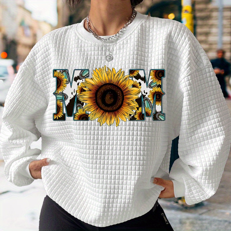 

Sunflower Print Waffle Sweatshirt, Casual Long Sleeve Crew Neck Sweatshirt, Women's Clothing