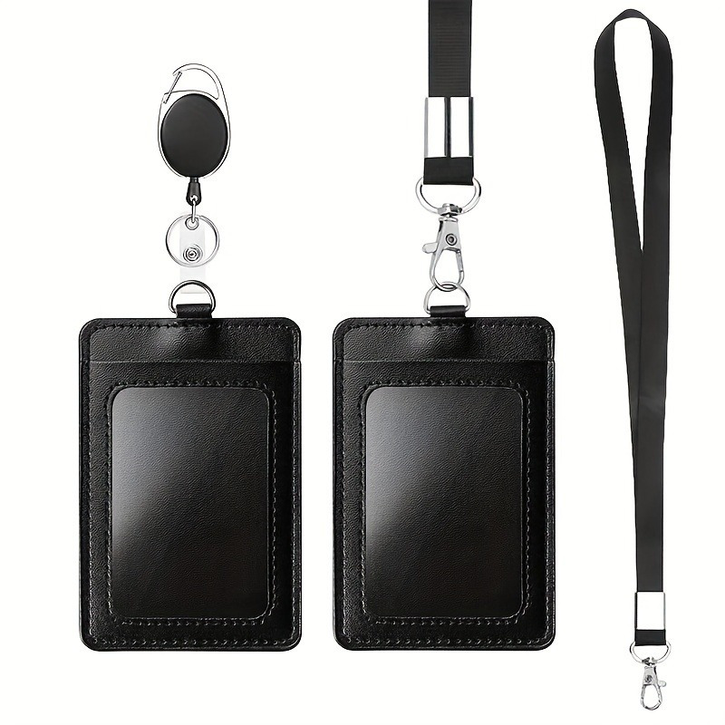 

2-piece Pu Leather Id Badge Holders With Clear Window, Detachable Lanyard & Retractable Reel - Durable Black Card Holder Set