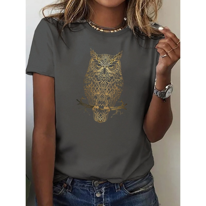 

Owl Print Crew Neck T-shirt, Casual Short Sleeve Top For Spring & Summer, Women's Clothing