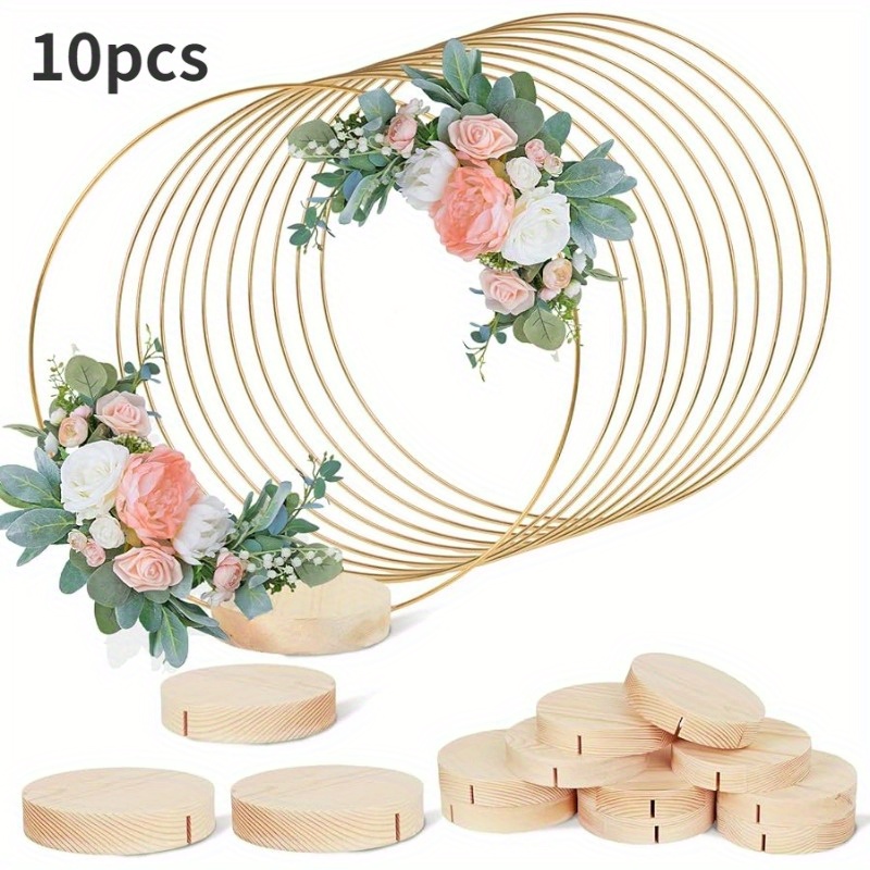 

10pcs 12 Inch Metal Floral Hoop Centerpiece With Stand For Table, Metal Macrame Golden Wreath Ring With 12pcs Holders Stands