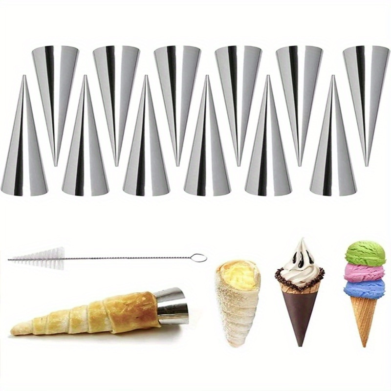 

12pcs Cone Shaped Molds, Stainless Steel Cream Horn Molds, Easy To Clean Cream Horn Mold With Brush, For Dessert, Bread, Ice Cream And Baking Food, Kitchen Organizers And Storage, Kitchen Accessories