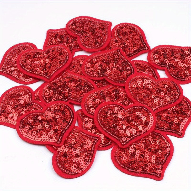 

10 Pcs Sequined Red Heart Patches For Sweater, Dress, Shirt, Sewing, , Diy Clothes, Stickers, Handmade Badges - Red Color