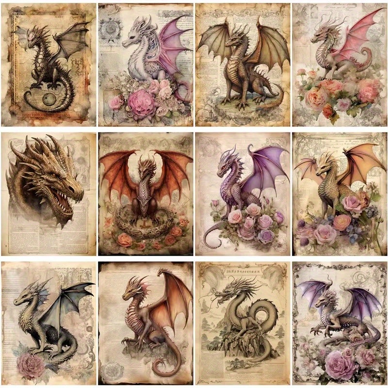 

16-piece Vintage Dragon Sticker Set For Scrapbooking, Luggage & Phone Cases - Reusable Matte Finish Decals