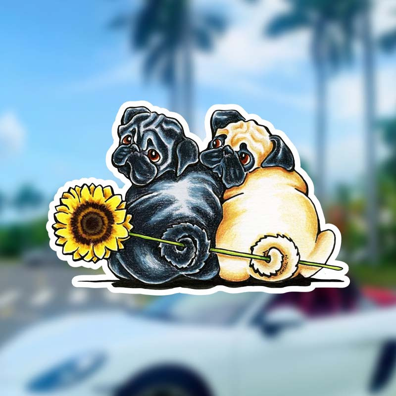 

Vinyl Pug Dog Decals With Sunflower - Self-adhesive Waterproof Stickers For Car, Truck, Glass, Metal, Laptop, Bumper, Luggage, Water Bottle, Matte Finish, Irregular Shape, Single Use