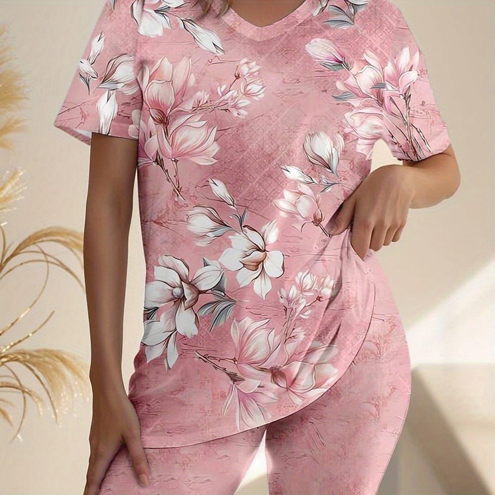 

Plus Size Floral Print Shorts Set, Short Sleeve V Neck T-shirt & Skinny Shorts Outfits, Women's Plus Size Clothing