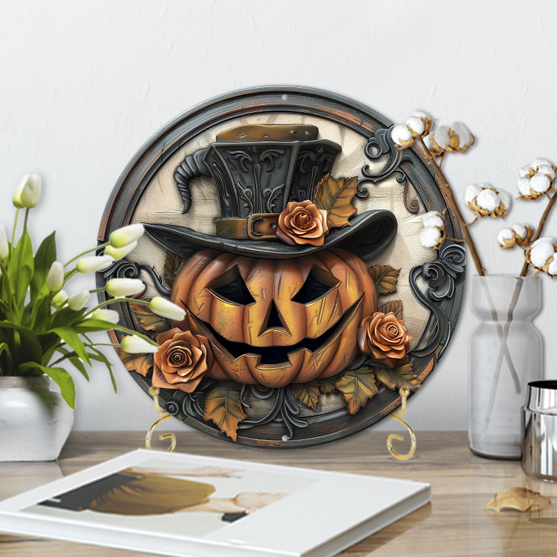 

Vintage Halloween Pumpkin With Top Hat & Roses - 8x8" Aluminum Sign For Home, Coffee Shop Decor | Scratch & Flame Resistant, Easy To Hang Pumpkin Decor