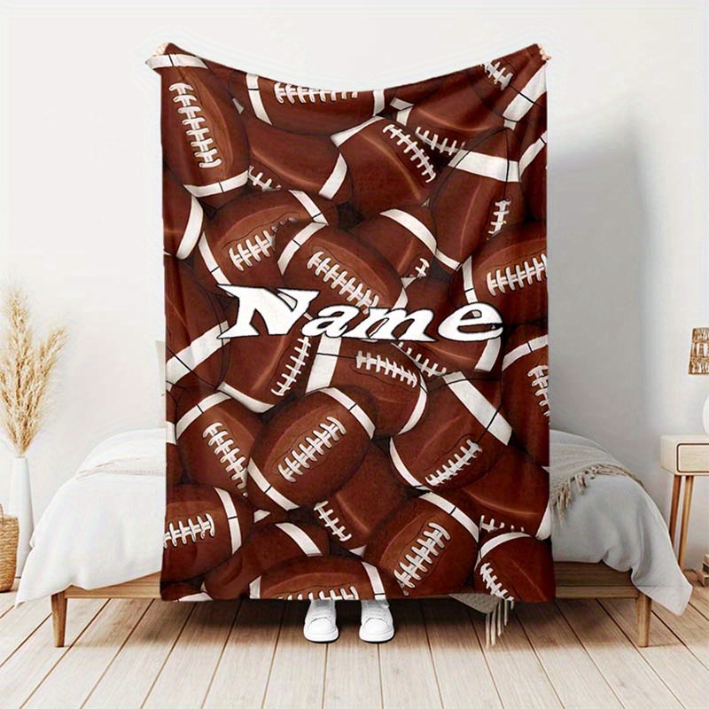 

1pc Custom Blanket, Personalized Custom Name Blanket, Rugby Pattern Text Blanket, 4 Seasons Outdoor Travel Leisure Blanket