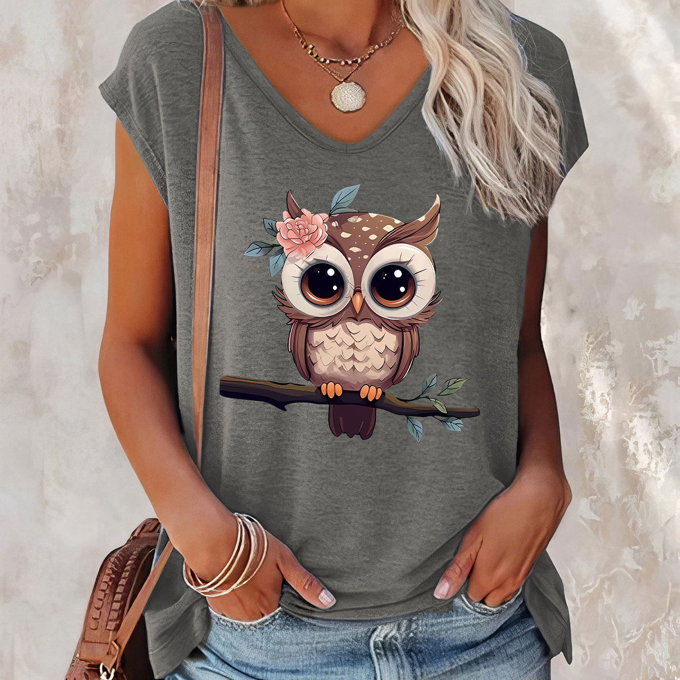 

Owl Print Cap Sleeve Top, Casual Top For Summer & Spring, Women's Clothing