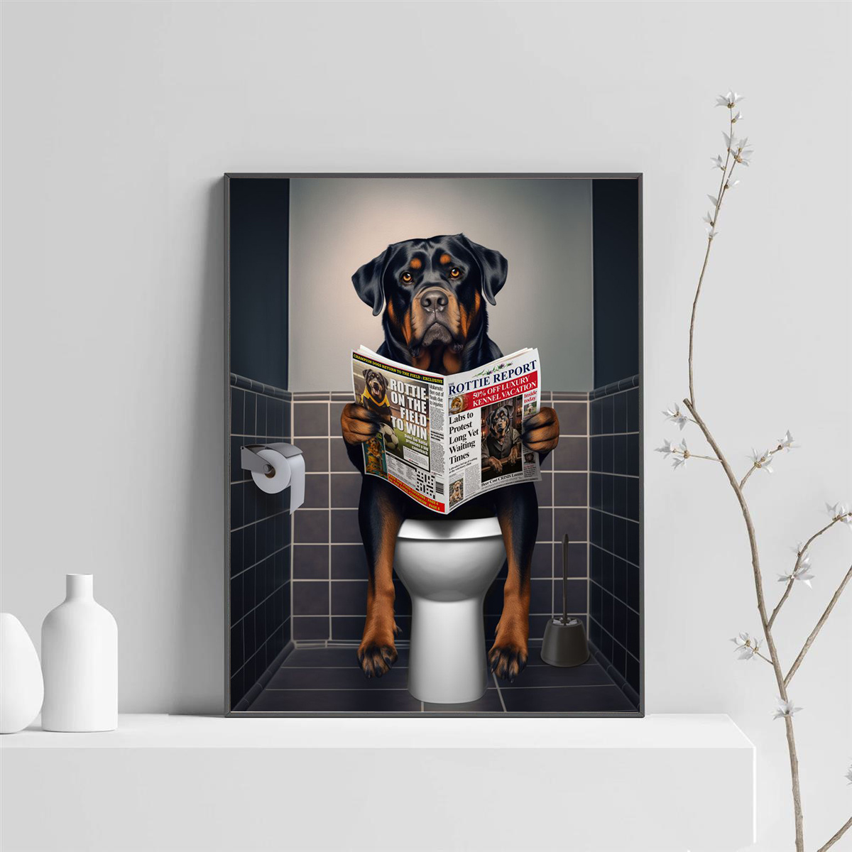 

Funny Rottweiler On Toilet Canvas Art, 12x16" - Frameless Wall Decor For Home, Office, Cafe | Quirky Bathroom & Living Room Poster