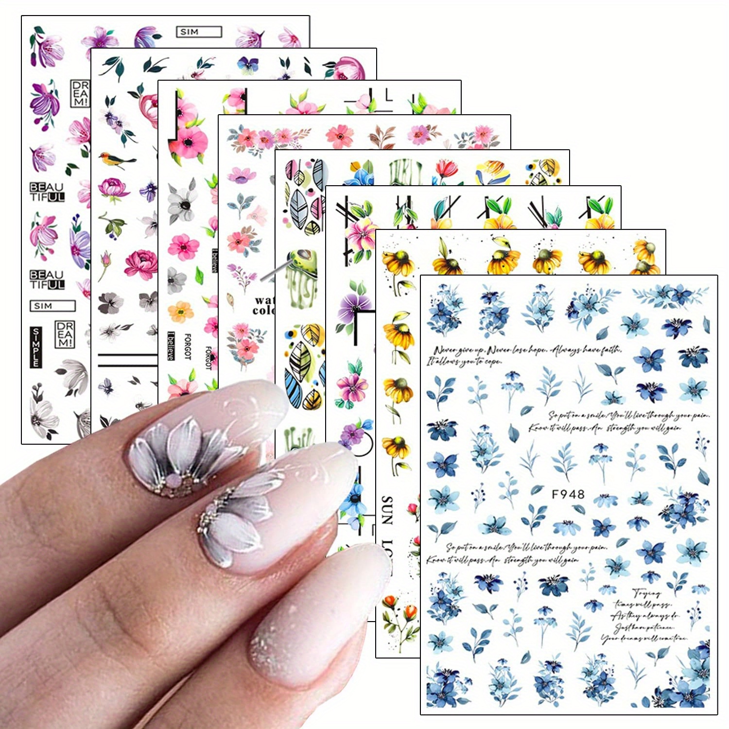 Image of Set Of 8 Vibrant Floral Nail Art Stickers Featuring 3d Designs, Self-adhesive Decals, And Holographic Effects, Perfect For Women's Nail Art Projects