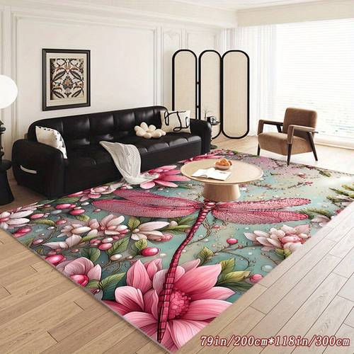 Imitation Cashmere Modern Simple Carpet, Dragonfly Flowers And Grass Pattern Indoor Carpet, Suitable For Living Room Restaurant Hotel Coffee Shop Guest House Bar And Other Scene Use, Non-slip Not Shedding Machine Washable Convenient Cleaning