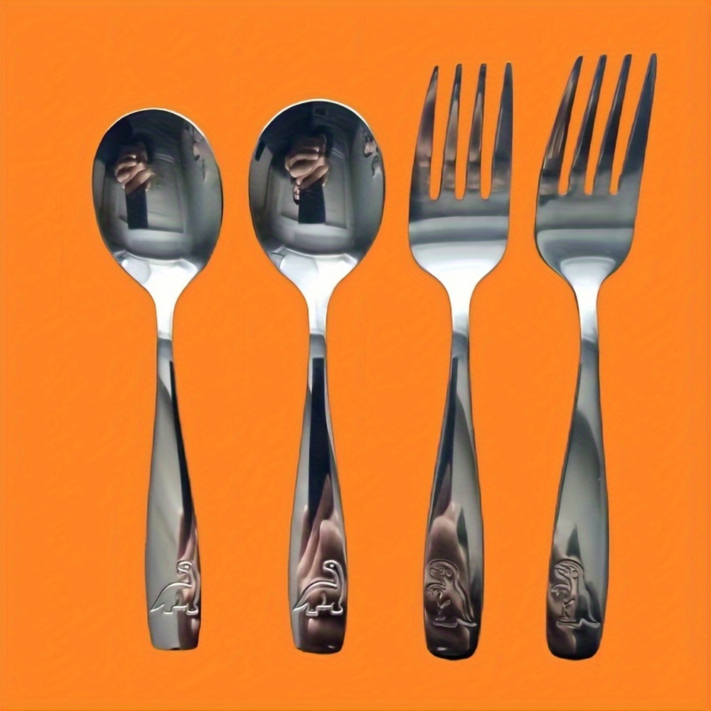 Image of 4pcs Dinosaur-themed Stainless Steel Cutlery Set - 2 Spoons & 2 Forks With Vibrant Dinosaur Designs, Polished Finish, Ideal For Western-style Meals, Dinosaur Tableware | Design | Durable Cutlery