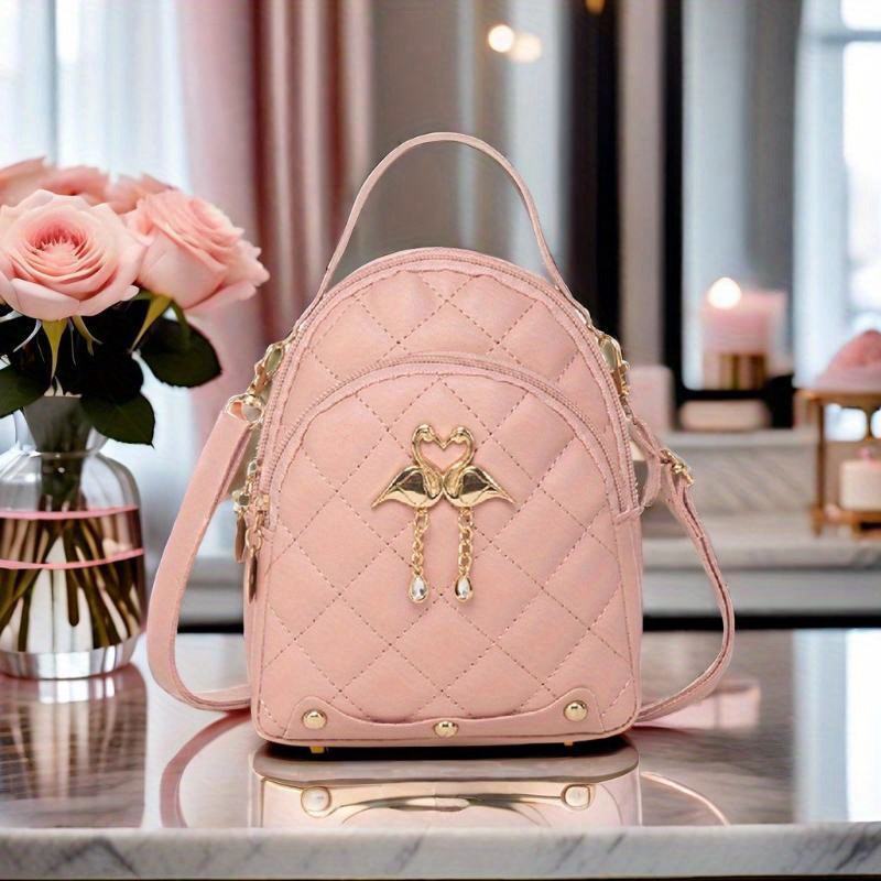 

Elegant Pu Leather Mini Shoulder Bag With Double Swan Charm, Quilted Design, Classic Solid Color Satchel Bag For Women