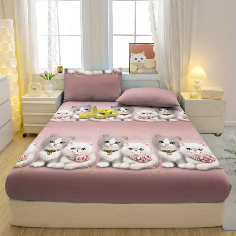 3pcs couple cute cat pattern fitted sheet set soft and comfortable bedroom and decorative bedding set 1 fitted sheet 2 pillowcases Product details 3