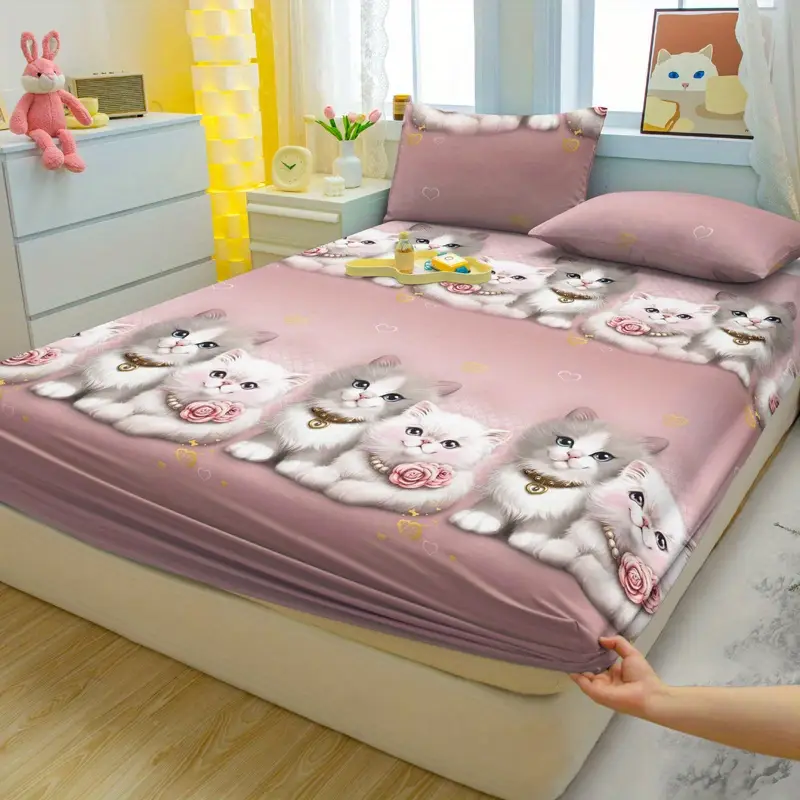 3pcs couple cute cat pattern fitted sheet set soft and comfortable bedroom and decorative bedding set 1 fitted sheet 2 pillowcases Product details 1
