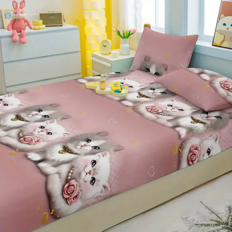 3pcs couple cute cat pattern fitted sheet set soft and comfortable bedroom and decorative bedding set 1 fitted sheet 2 pillowcases Product details 5