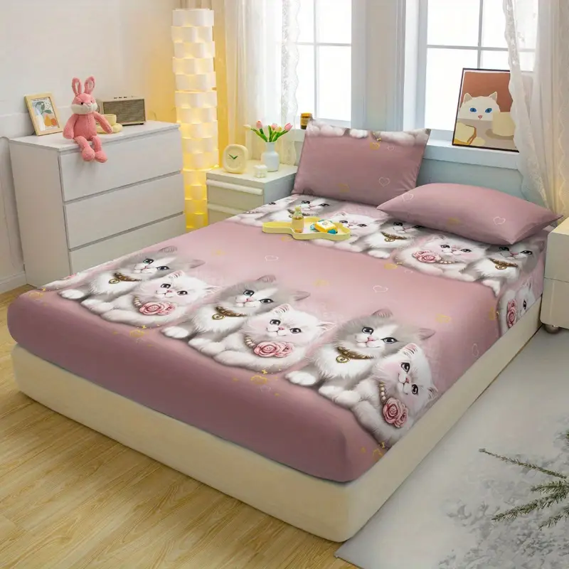 3pcs couple cute cat pattern fitted sheet set soft and comfortable bedroom and decorative bedding set 1 fitted sheet 2 pillowcases Product details 4