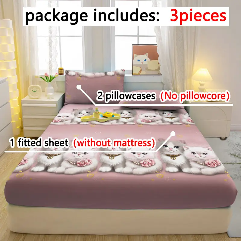 3pcs couple cute cat pattern fitted sheet set soft and comfortable bedroom and decorative bedding set 1 fitted sheet 2 pillowcases Product details 2