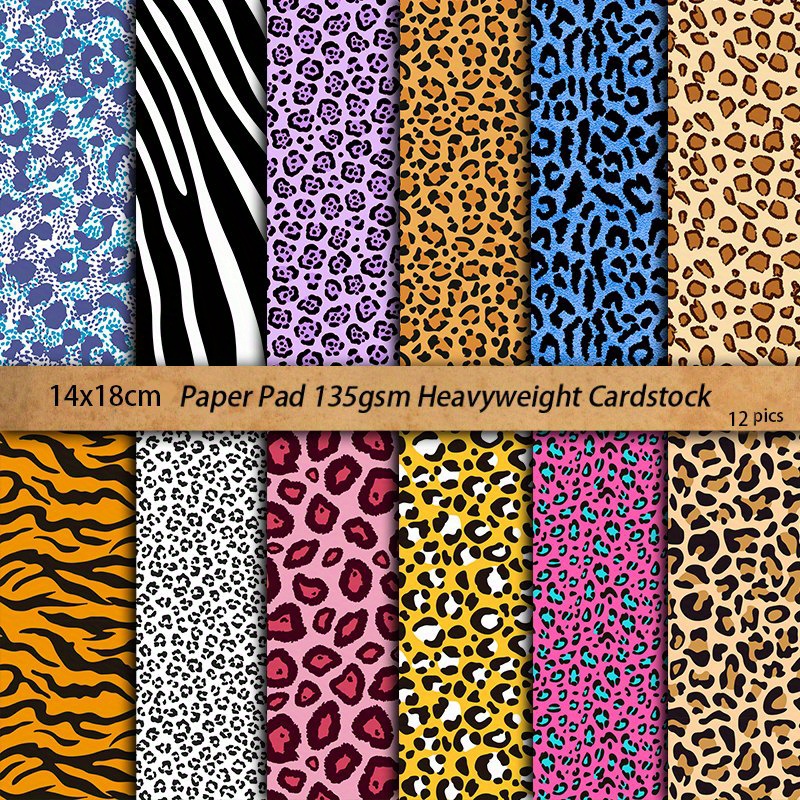 

12 Sheets Animal Print Scrapbook Paper Set - 135gsm Heavyweight Cardstock - Non-sticky Crafting Material For Journaling, Stationery, And Diy Art Projects