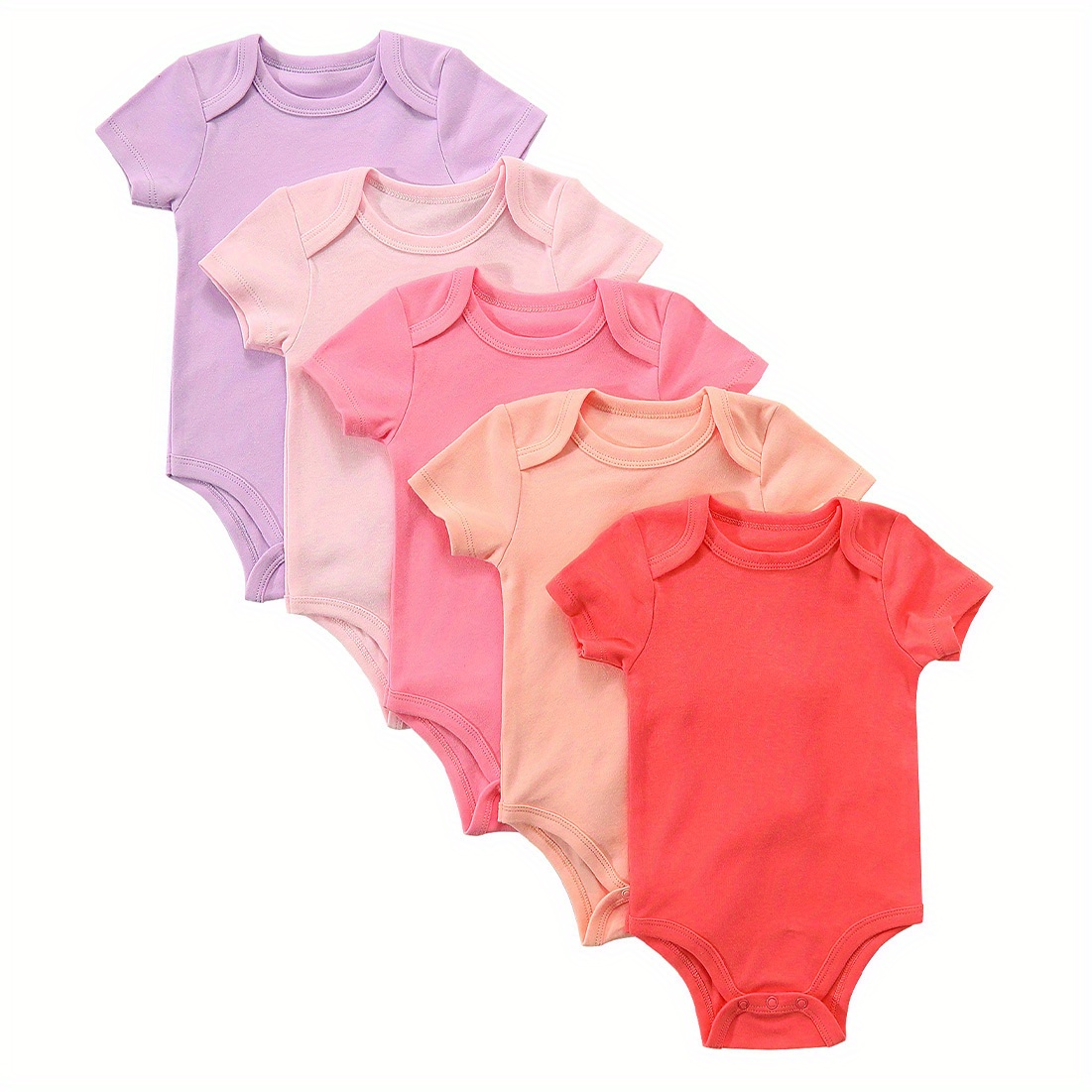 

5-pack Baby Girls Onesies, Short Sleeve Bodysuits, 100% Cotton Candy Color Rompers For Newborn And Infants