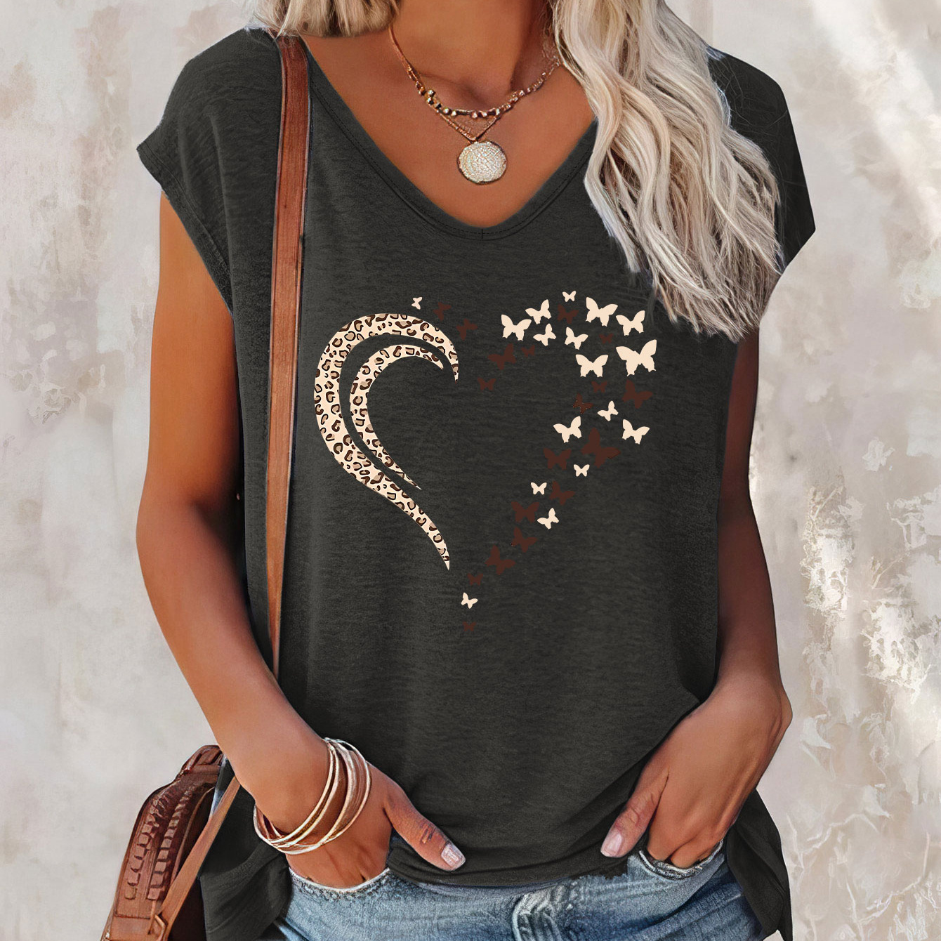 

Heart Print Cap Sleeve Top, Casual Top For Summer & Spring, Women's Clothing