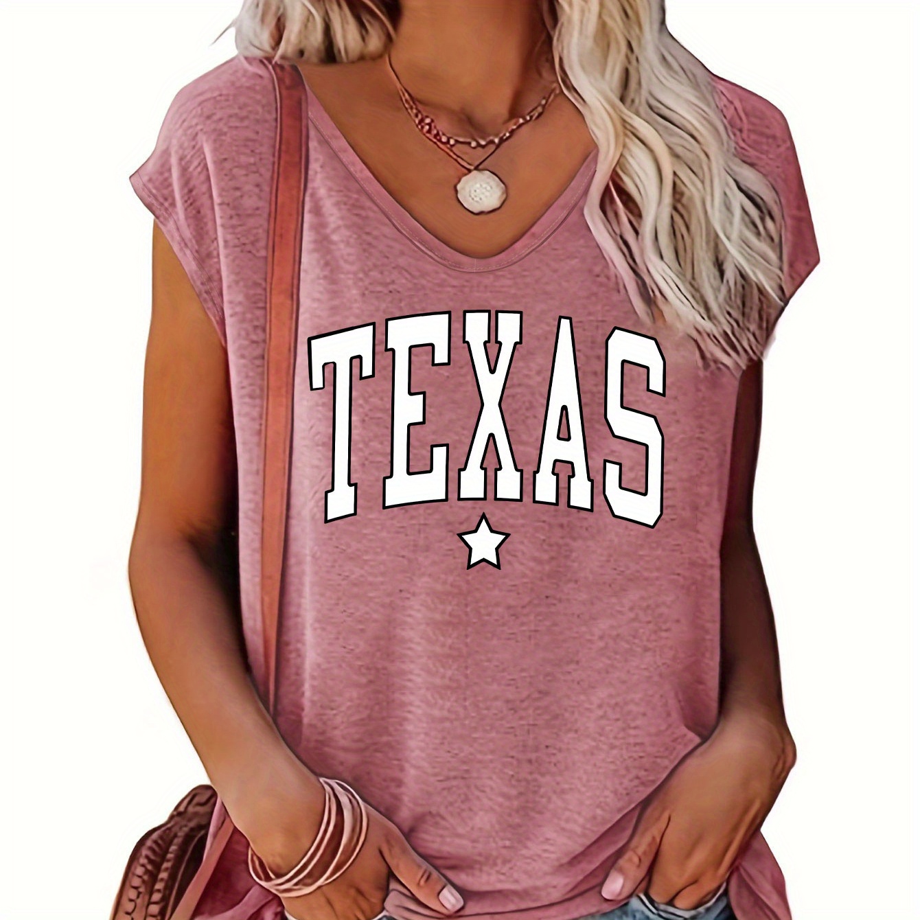 

Texas Print Cap Sleeve Top, Casual V-neck Top For Summer & Spring, Women's Clothing