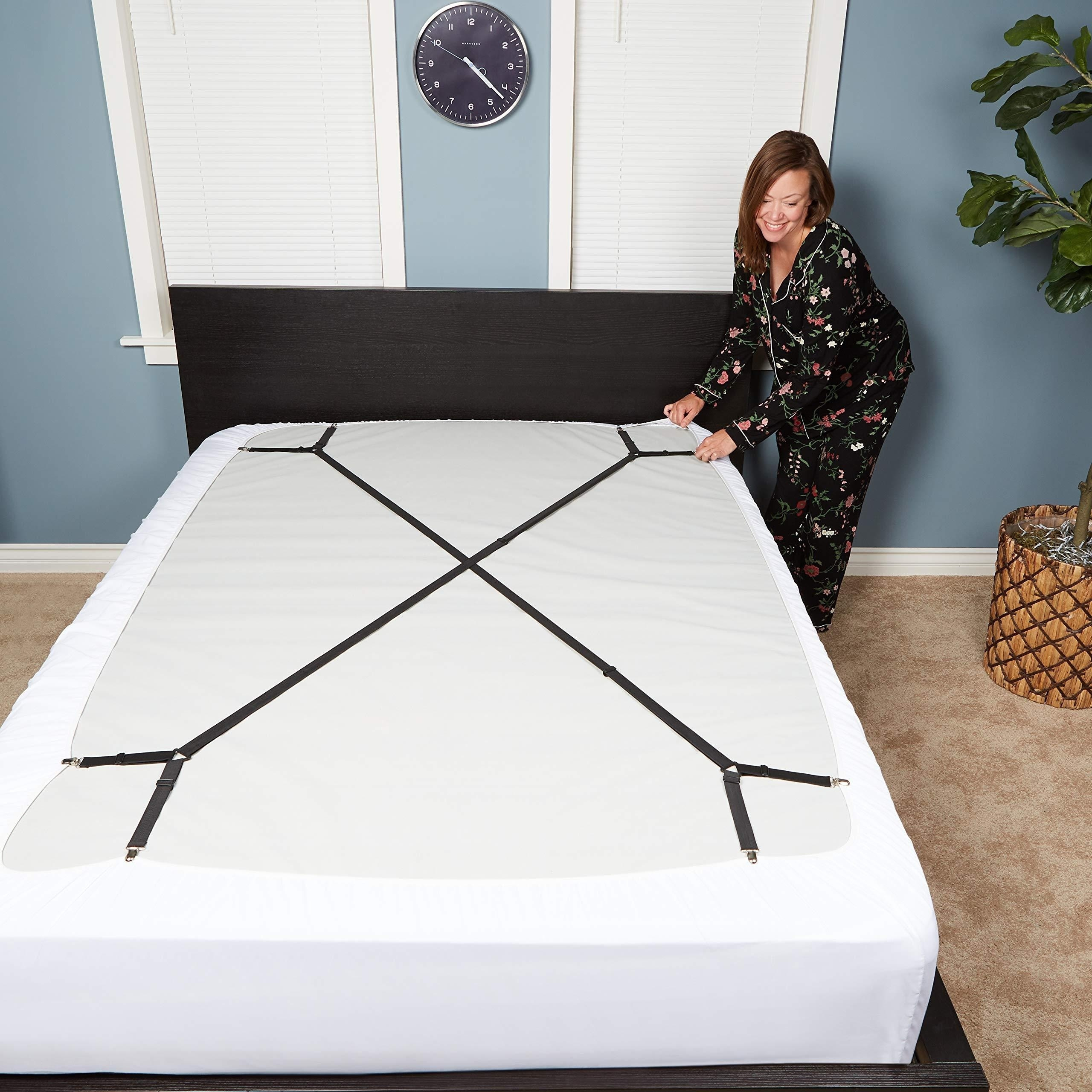 adjustable crisscross bed sheet straps 2pcs elastic fitted sheet clips   secure holder grippers for all mattresses woven fabric machine washable fasteners with multiple installation  