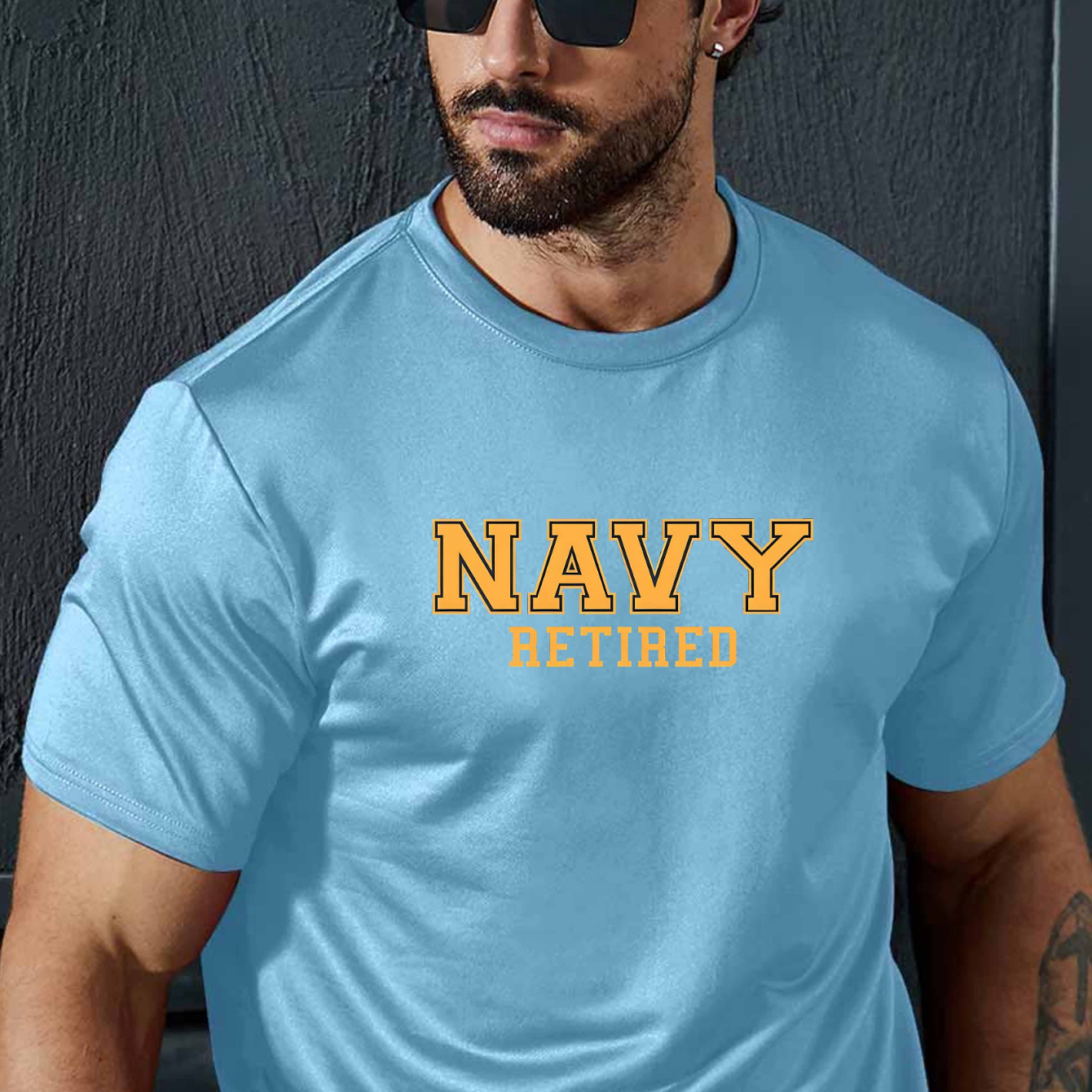 

Navy Retired Letters Print T-shirt, Tees For Men, Stylish, Slightly Elastic, Comfortable Round Neck T-shirt, Casual Short Sleeve T-shirt For Summer