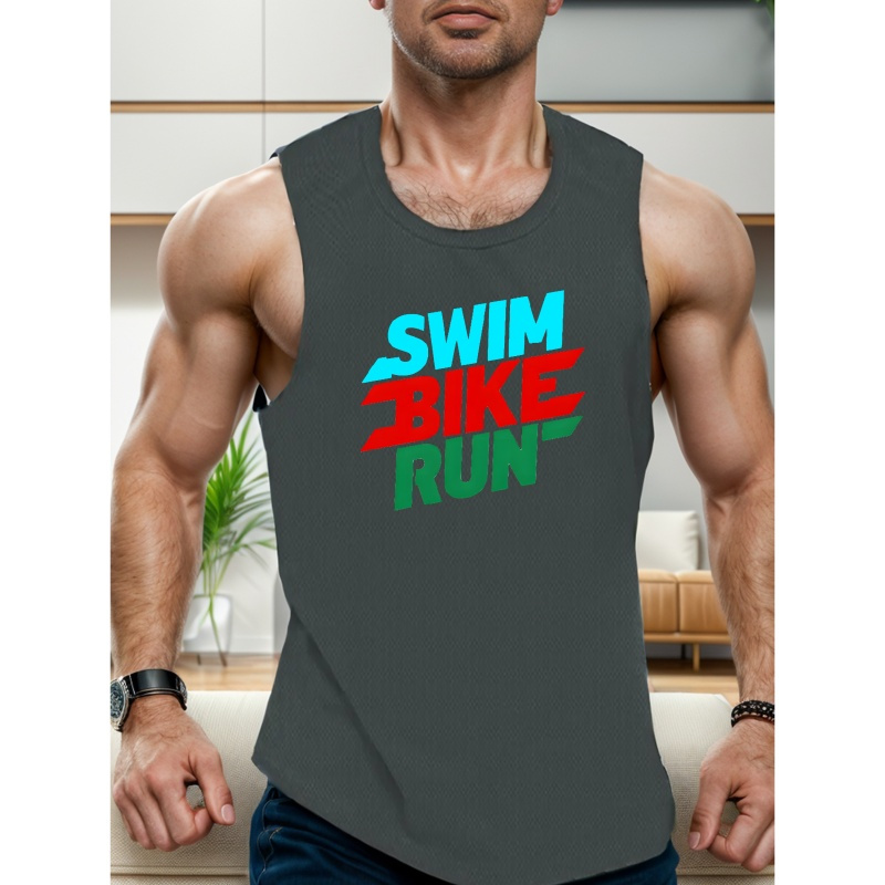 

Swim Bike Run Print Summer Men's Quick Dry Moisture-wicking Breathable Tank Tops, Athletic Gym Bodybuilding Sports Sleeveless Shirts, For Running Training, Men's Clothing