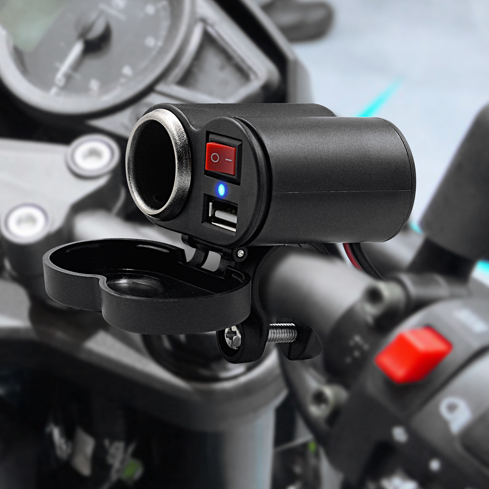 multifunctional motorcycle usb charger with cover and handlebar mounting bracket details 0