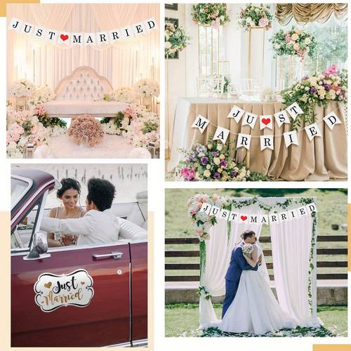 3pcs, Newly Married Car Decorations, Newly Married Gorgeous Car Magnets 12 "x 7.5", Newly Married Car Window Stickers 5.1 "x 22.4" On Wedding Day