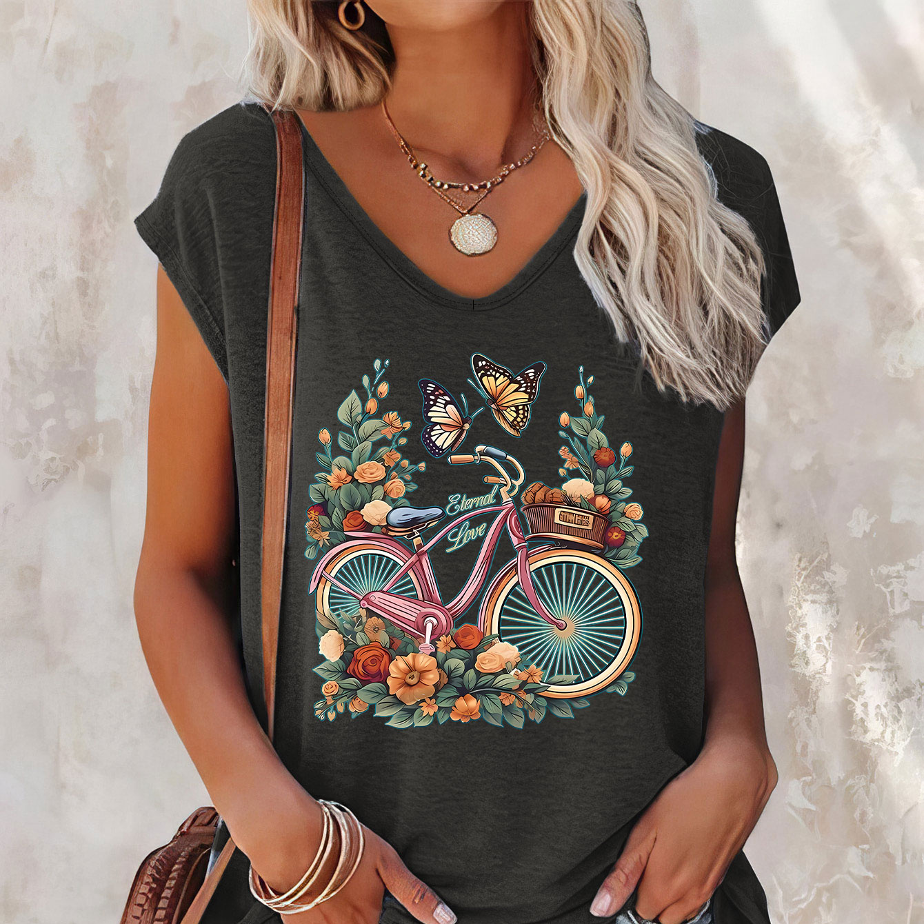 

Bicycle Print Cap Sleeve Top, Casual Top For Summer & Spring, Women's Clothing