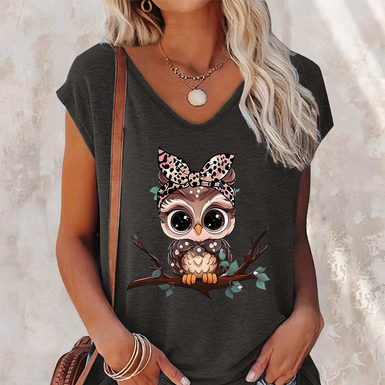 

Owl Print Cap Sleeve Top, Casual Top For Summer & Spring, Women's Clothing