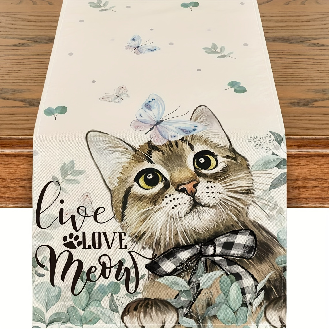

1pc, Table Runner, Eucalyptus Cat Butterfly Pattern Summer Table Runner, Spring Wedding Kitchen Dining Table Decoration For Home, Party Decor