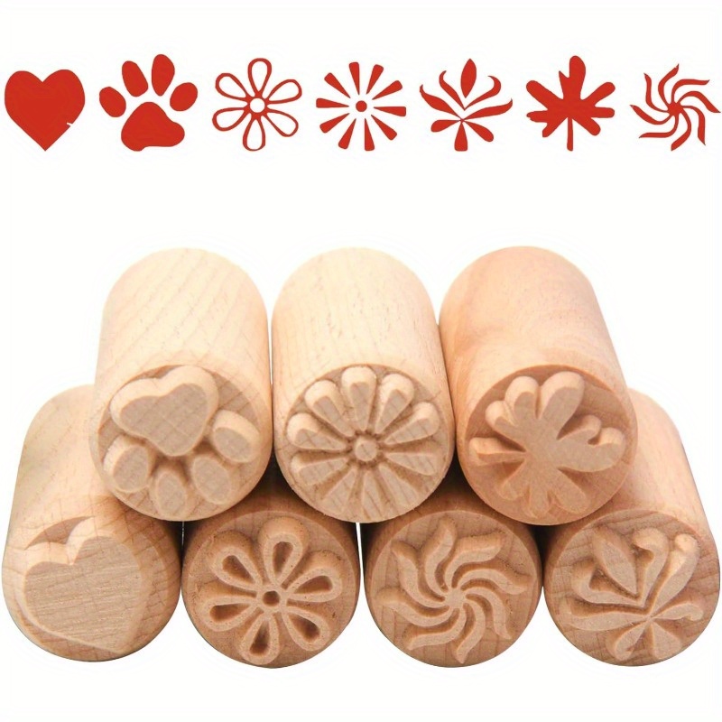 

7 Pcs Natural Wood Ceramic & Pottery Tools - Clay Stamp Rollers With Heart & Flower Patterns - Uncharged Wood Carving Tools For Diy Pottery Decorations, 5x2cm