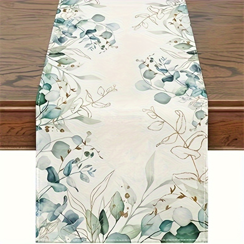 

1pc, Table Runner, Watercolor Green Eucalyptus Leaves Printed Table Runner, Seasonal Spring Theme Holiday Kitchen Dining Table Decoration For Indoor Outdoor, Party Decor, Festival Decor