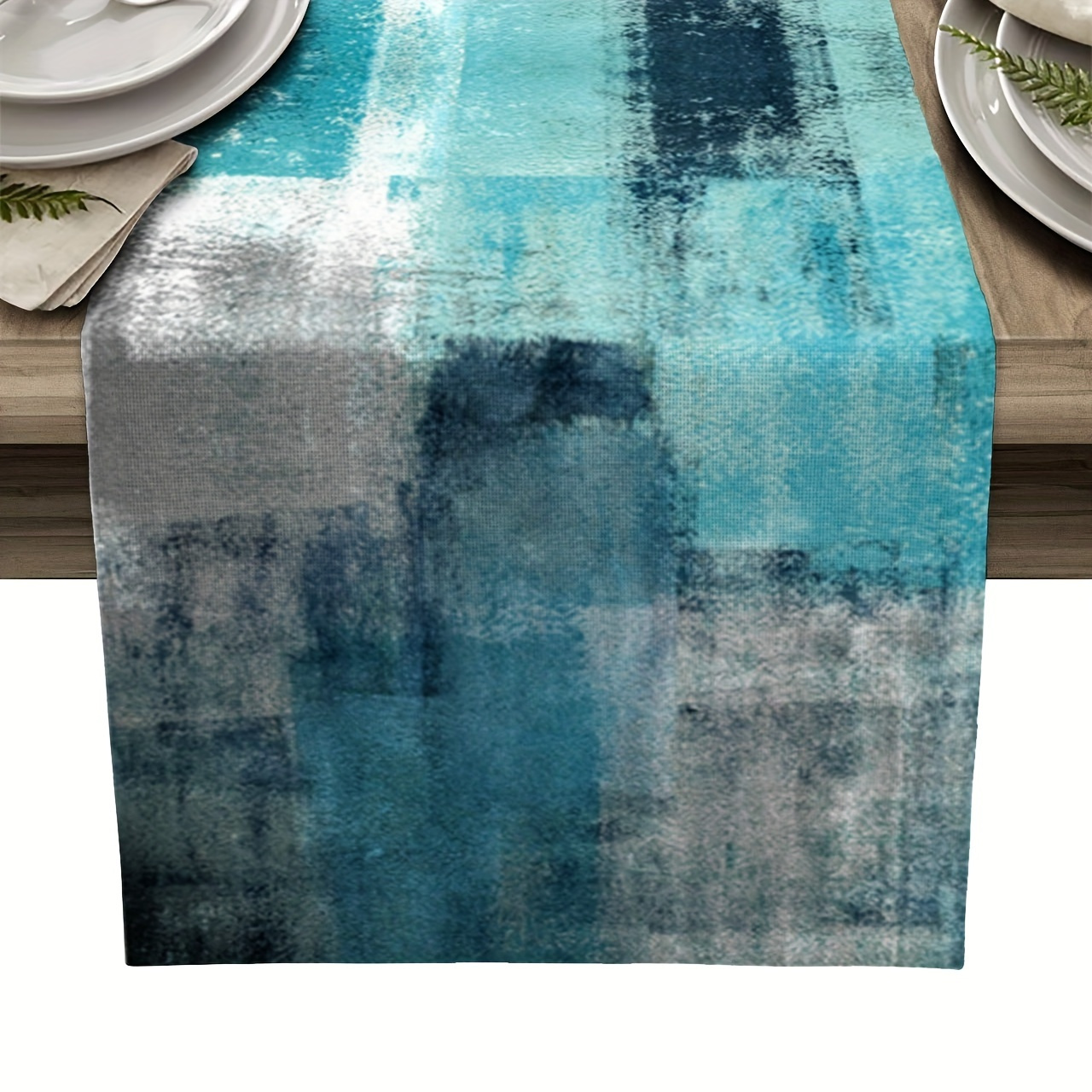 

1pc Elegant Turquoise & Grey Abstract Art Table Runner - Washable Polyester, Rectangular Dresser Scarf For Dining Decor, Ideal For Restaurants, Weddings, And Party