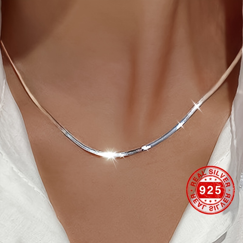 TEMU 2d Flat - Elegant 925 Sterling 925 Silver Flat Snake Chain Necklace, Versatile For Festive Occasions, Sleek Jewelry With Gift Box