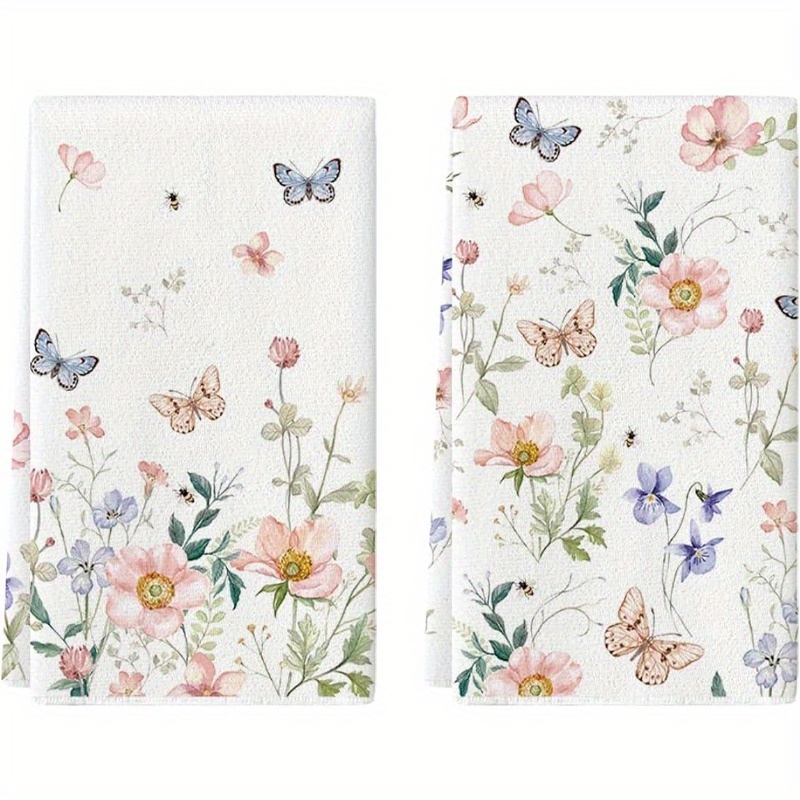 

2pcs, Hand Towels, Colorful Floral And Butterfly Printed Kitchen Hand Towels, Spring Theme Soft Microfiber Decorative Dishcloths, Absorbent Drying Towels For Kitchen Decor & Cleaning