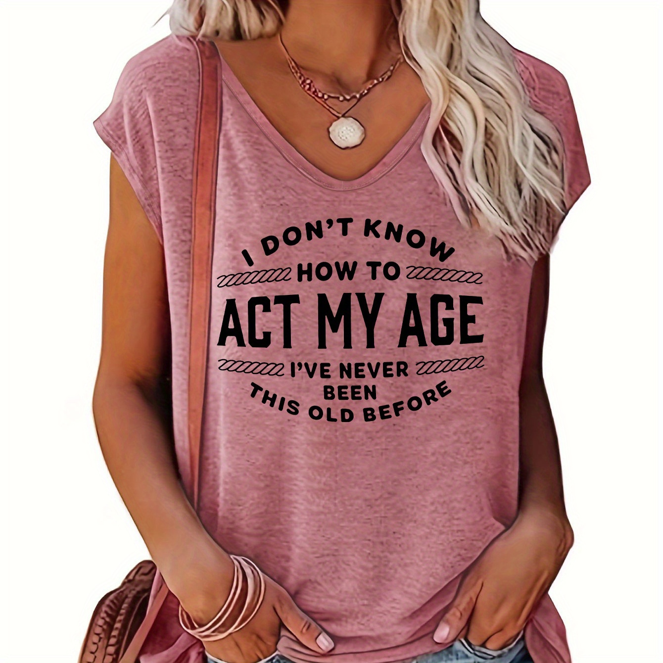 

Act My Age Print V Neck Tank Top, Casual Sleeveless Top For Summer & Spring, Women's Clothing