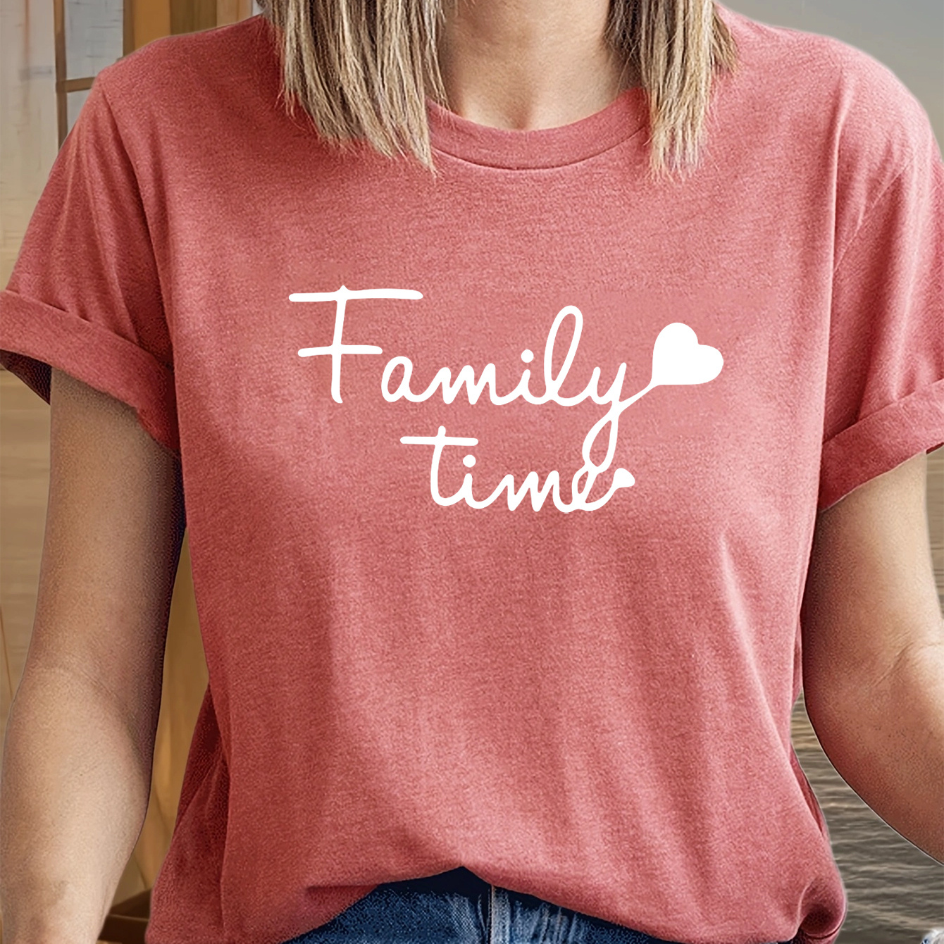 

Family Time Print T-shirt, Short Sleeve Crew Neck Casual Top For Summer And Spring, Women's Clothing
