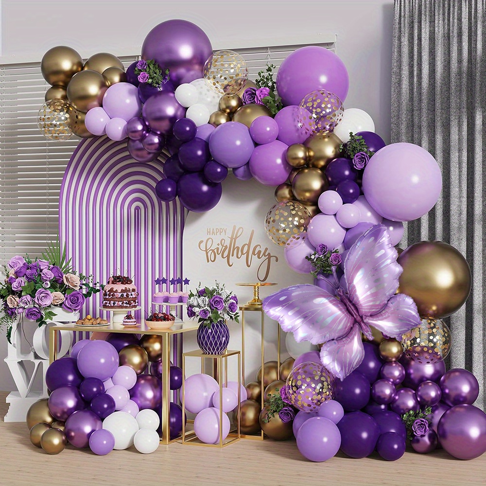 

123pcs Butterfly-themed Balloon Garland Kit - Metallic Gold & Purple Balloon Arch Set For Weddings, Birthdays, Baby Showers - Emulsion Balloons For Parties For Ages 14+ (no Electricity Needed)