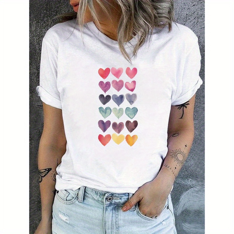 

Heart Print Crew Neck T-shirt, Casual Short Sleeve Top For Spring & Summer, Women's Clothing