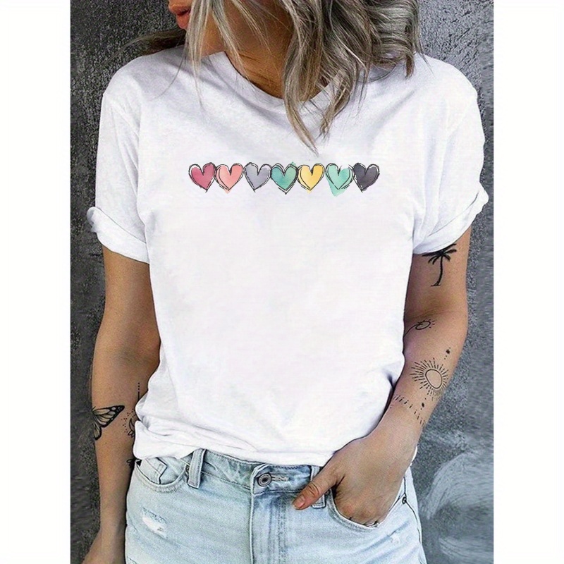 

Hearts Print Crew Neck T-shirt, Casual Short Sleeve Top For Spring & Summer, Women's Clothing