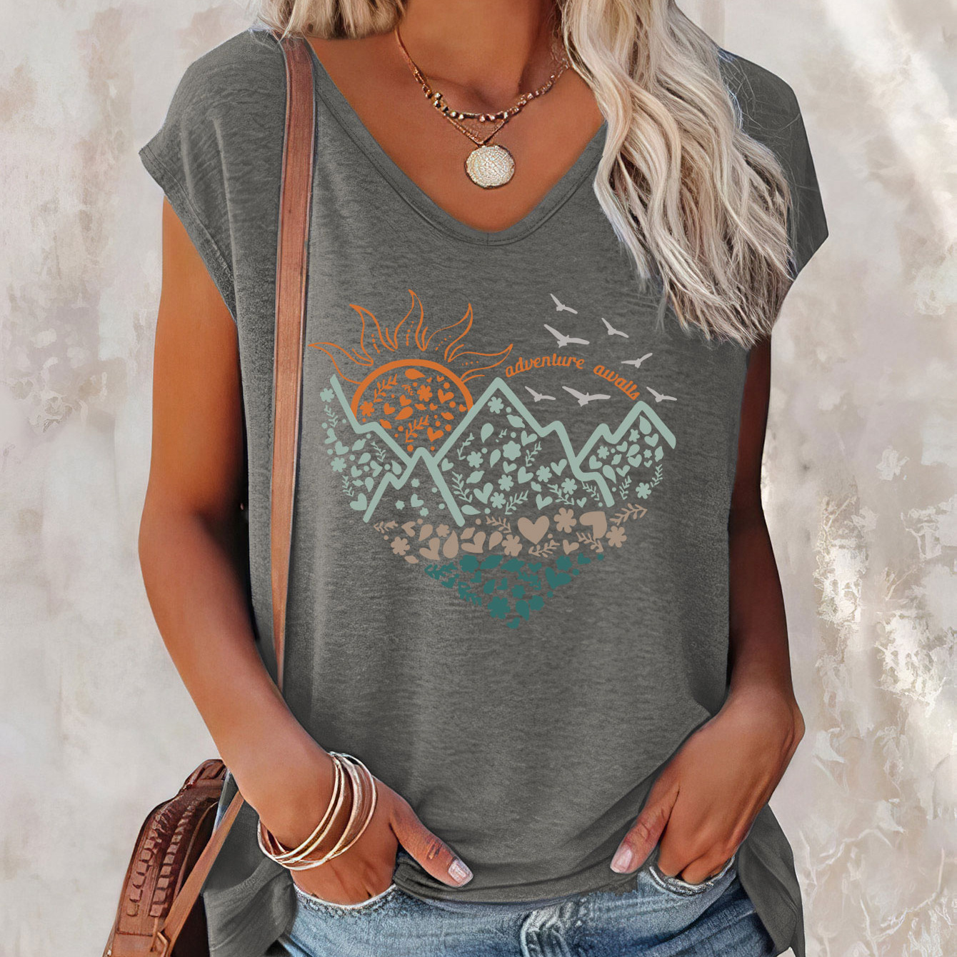 

Mountain Print Cap Sleeve Top, Casual V-neck Top For Summer & Spring, Women's Clothing