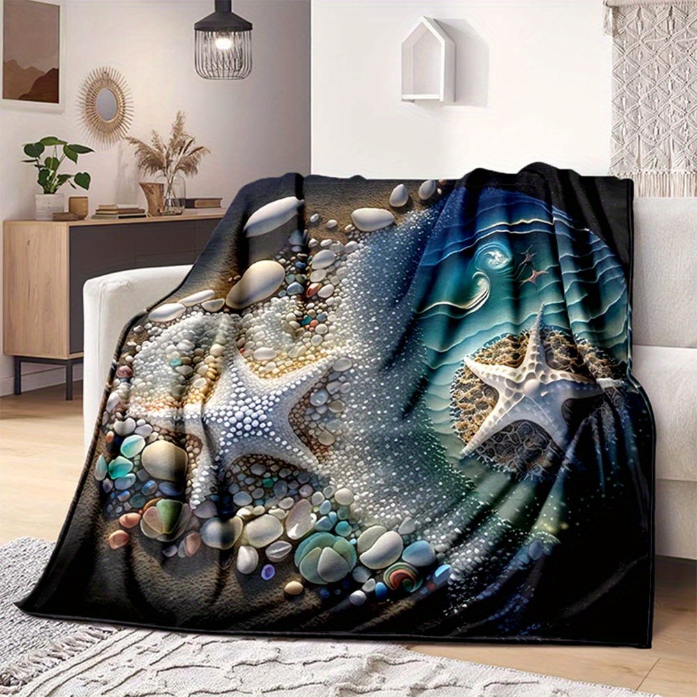 

Cozy Starfish Beach-themed Flannel Throw Blanket - Soft, Warm & Durable For Couch, Bed, Office, And Travel - Versatile Gift Idea, Multiple Sizes Available