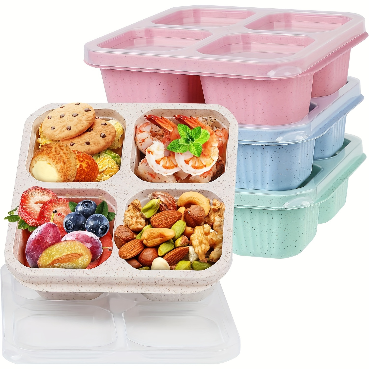 

4pcs Snack Containers, 4 Compartments Bento Snack Box, Reusable Meal Prep Lunch Containers, Divided Food Storage Containers For Work Travel
